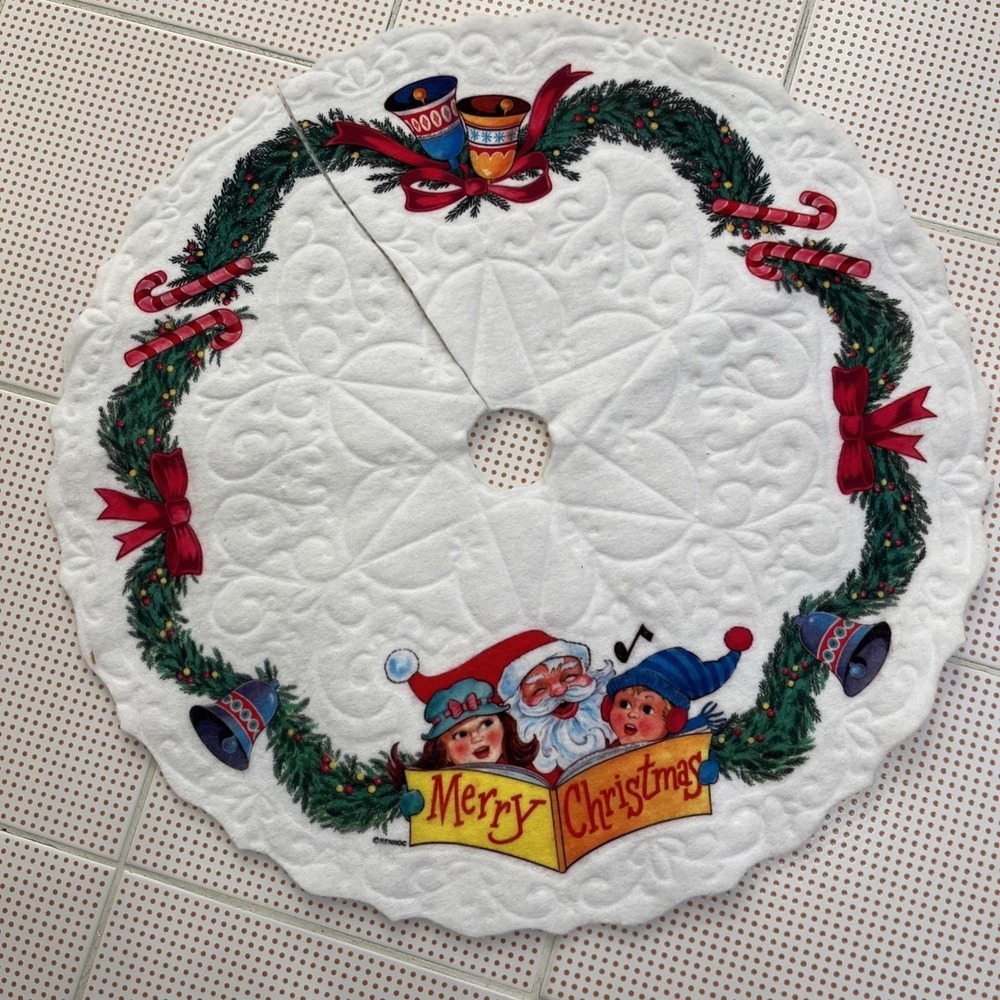 Vintage Rennoc Christmas Tree Skirt Felt Santa Children Bells Round Tabletop 18"